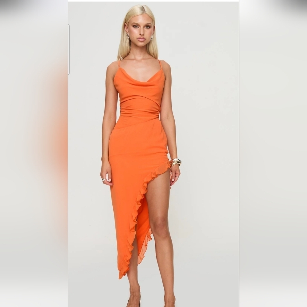 PRINCESS POLLY Azurea Ruffle Asymetrical Midi Dress Orange (NWT). US 4